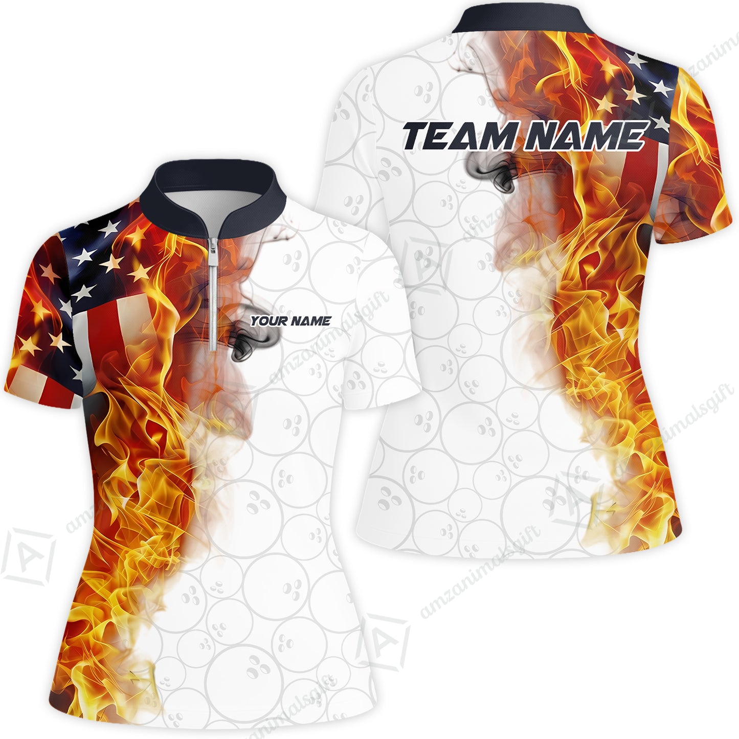 Custom Bowling Jersey Polo Shirt, Flaming USA Flag Graphic Bowling, Custom Bowling Jersey Team Shirt For Players With Name & Team Name