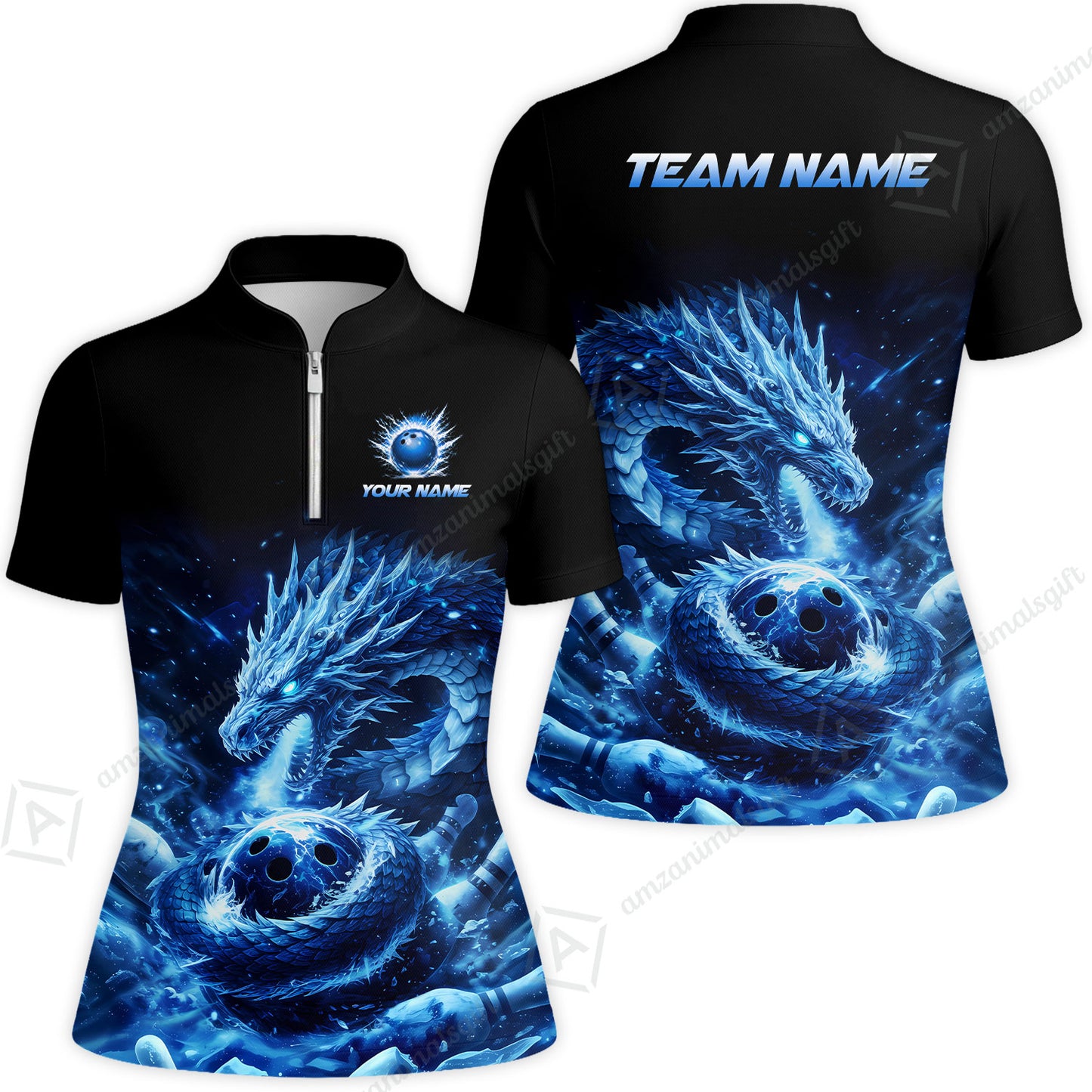 Custom Bowling Jersey Polo Shirt, Mythical Ice Dragon Strike, Custom Bowling Jersey Team Shirt For Players With Name and Team Name