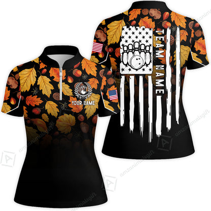 Custom Bowling Jersey Polo Shirt, Autumn Leaves Patriotic Vertical Flag, Custom Bowling Jersey Team Shirt For Players With Name and Team Name