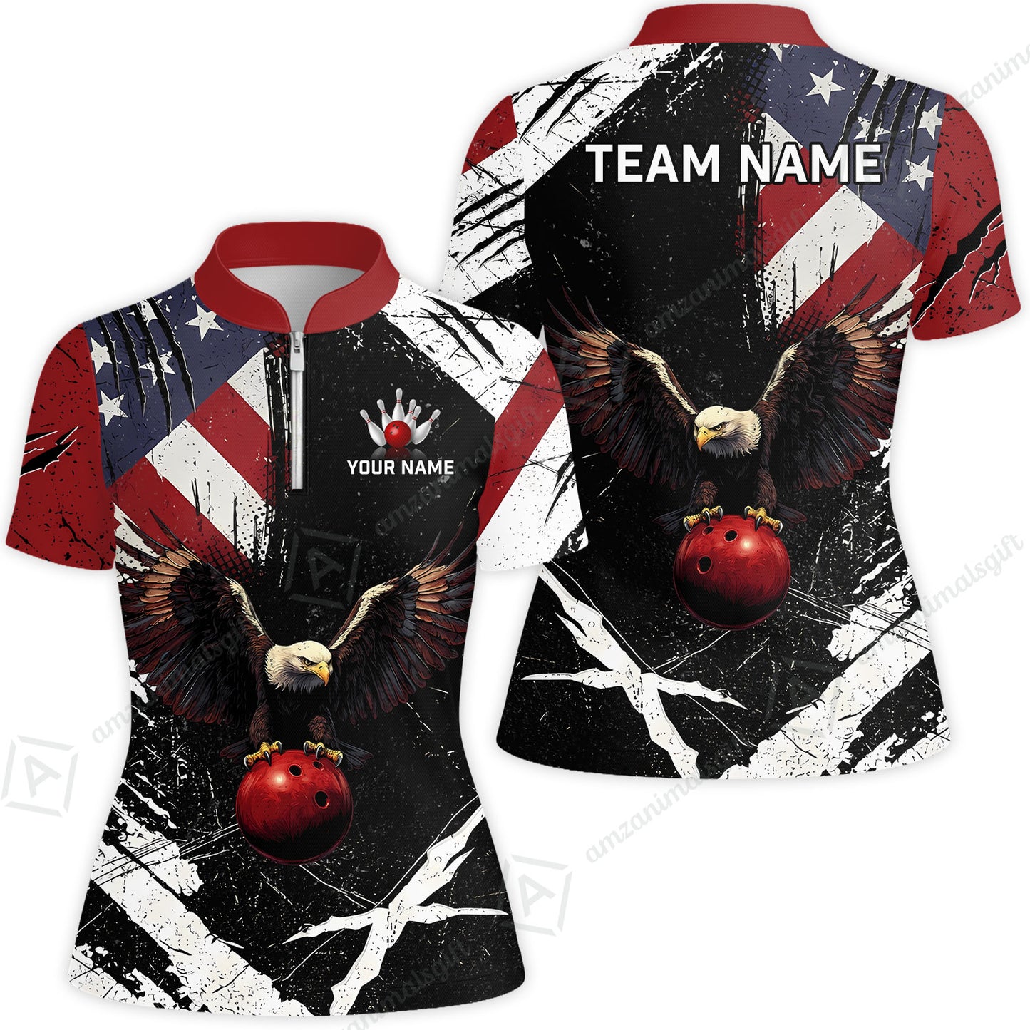 Custom Bowling Jersey Polo Shirt, Patriotic Bald Eagle Distressed American Flag Grunge, Custom Bowling Jersey Team Shirt For Players With Name & Team Name