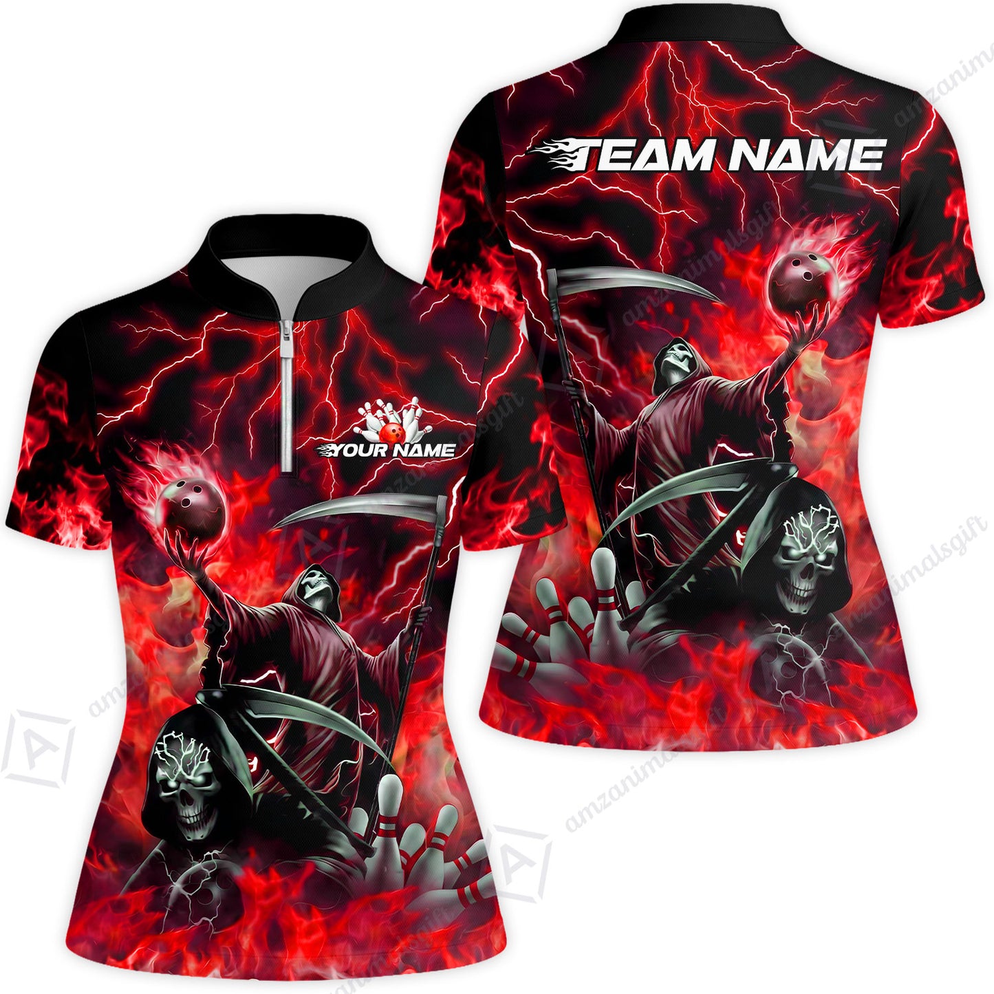 Custom Bowling Team Quarter-Zip Polo Shirt, Grim Reaper Skull With Flame Bowling Lightning Design for Bowlers, Personalized Shirt with Name and Team Name