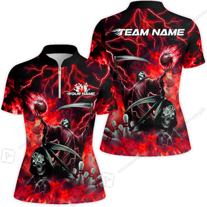 Custom Bowling Team Quarter-Zip Polo Shirt, Grim Reaper Skull With Flame Bowling Lightning Design for Bowlers, Personalized Shirt with Name and Team Name