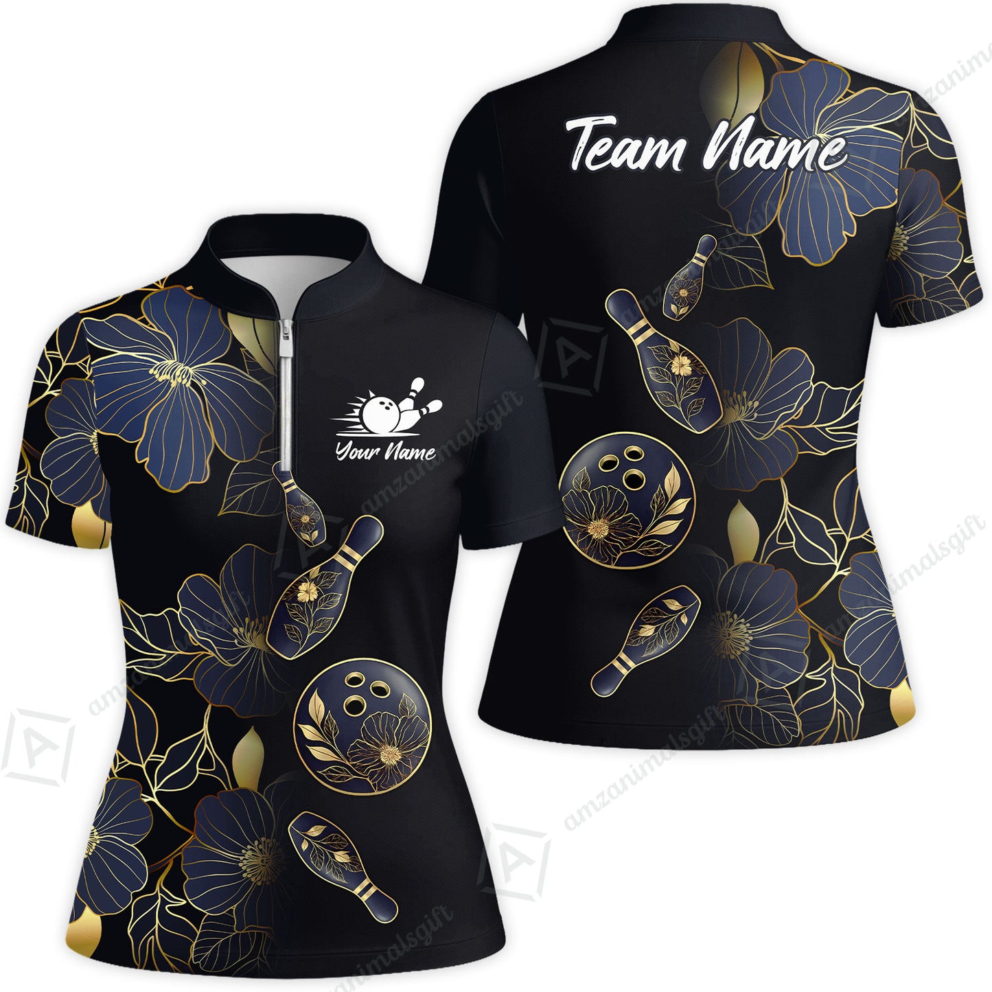 Custom Bowling Jersey Polo Shirt, Flower Bowling Pattern Gradient Gold, Custom Bowling Jersey Team Shirt For Players With Name and Team Name