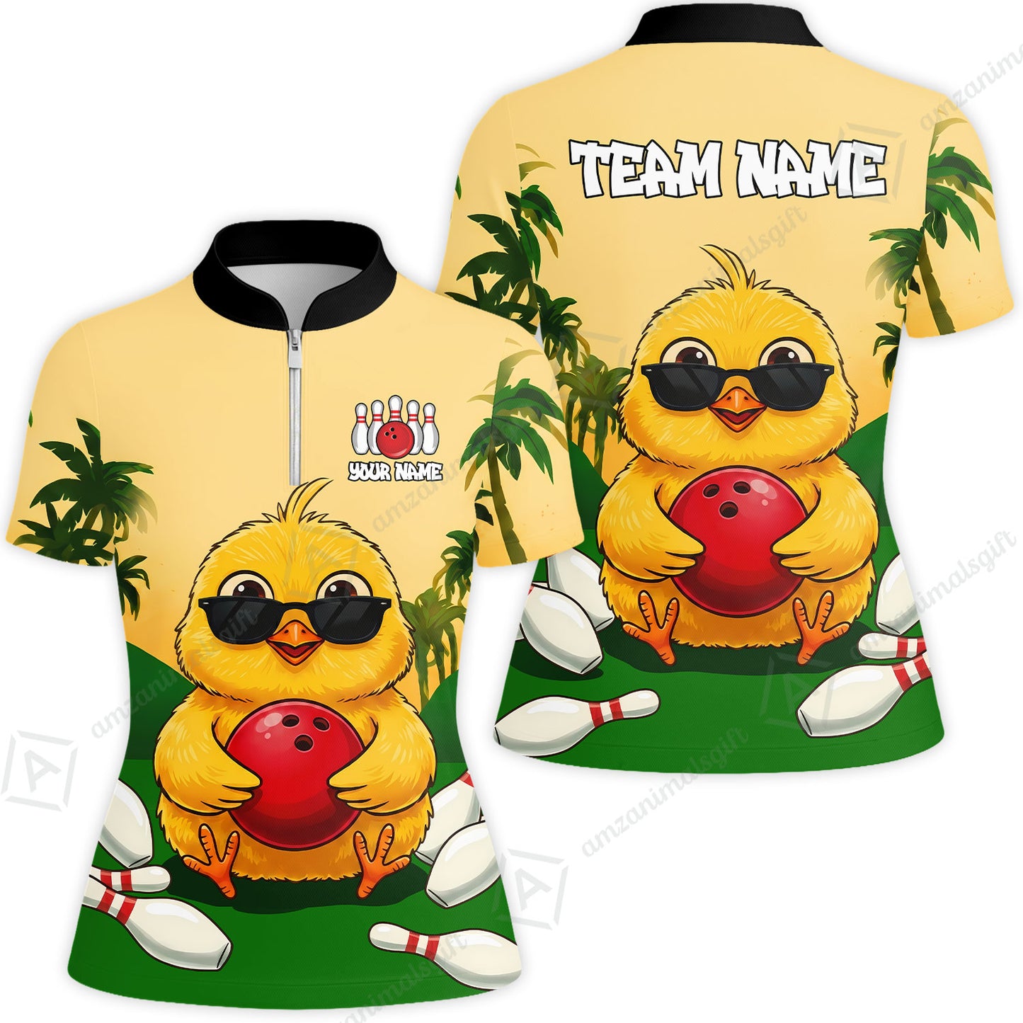 Custom Bowling Jersey Polo Shirt, Grass Landscape Chicken Bowling, Personalize Name and Team Name