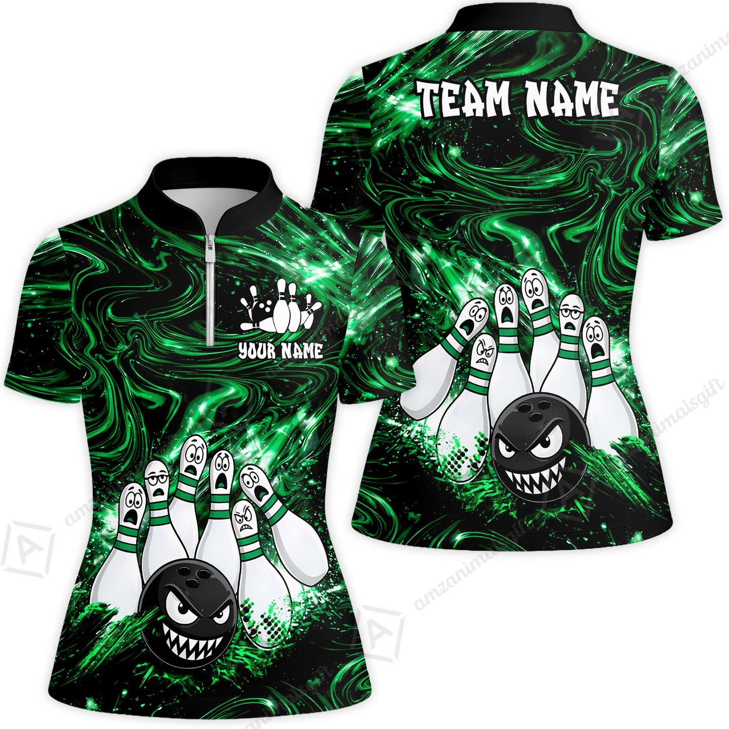 Customized Bowling Unisex Polo Shirt, Bowling Angry Ball VS Screaming Pins, Personalized Name And Team Name
