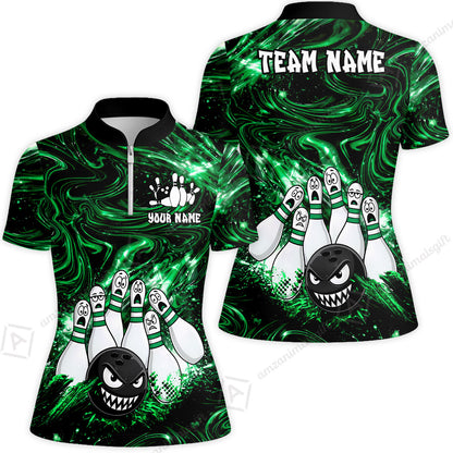 Customized Bowling Unisex Polo Shirt, Bowling Angry Ball VS Screaming Pins, Personalized Name And Team Name