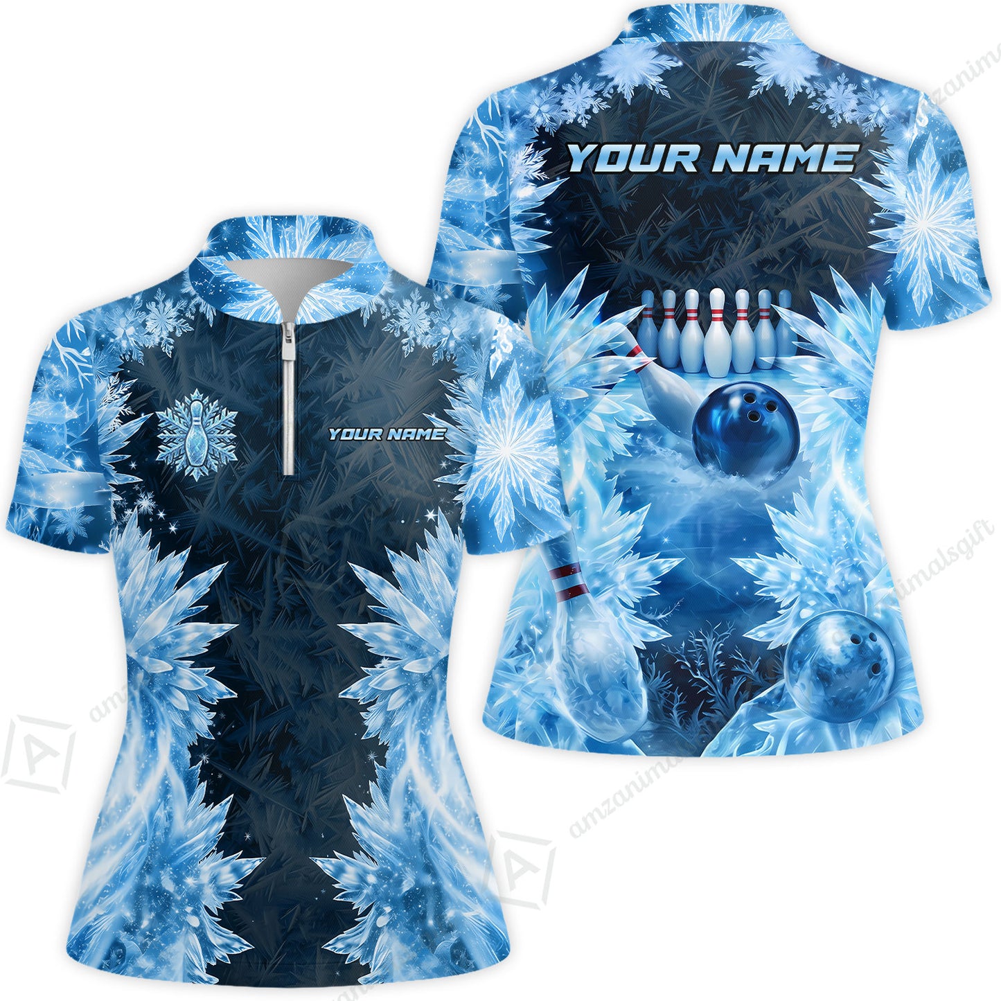 Custom Bowling Jersey Polo Shirt, Frozen Ice Crystal Strike, Custom Bowling Jersey Team Shirt For Players With Name and Team Name