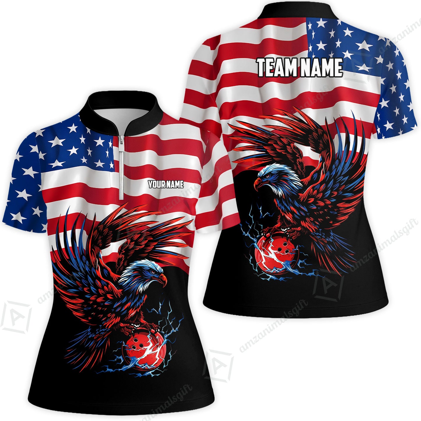 Custom Bowling Jersey Polo Shirt, Eagle America Flag Bowling Thunder, Custom Bowling Jersey Team Shirt For Players With Name and Team Name