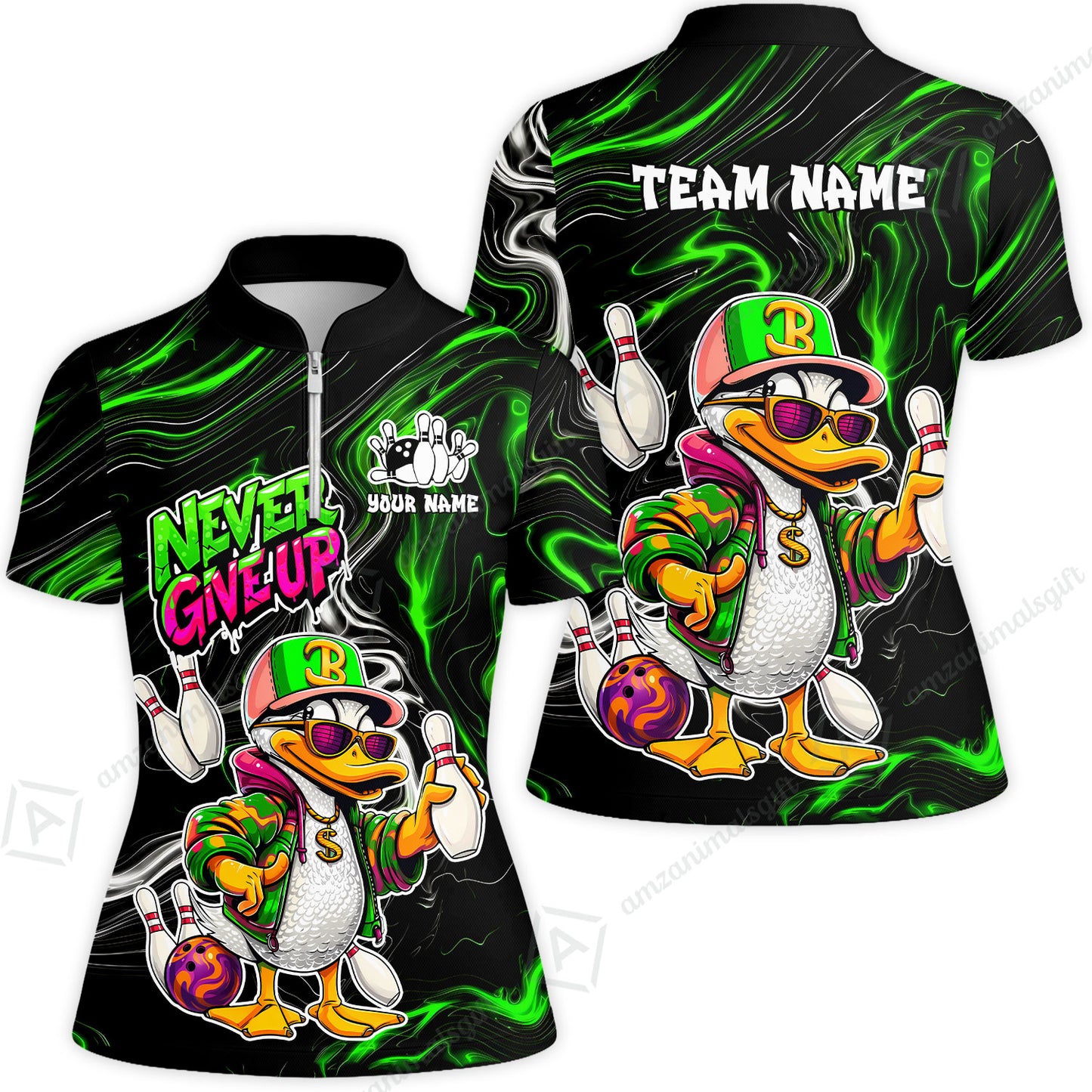 Custom Bowling Jersey Polo Shirt, Duck Never Give Up, Custom Bowling Jersey Team Shirt For Players With Name & Team Name