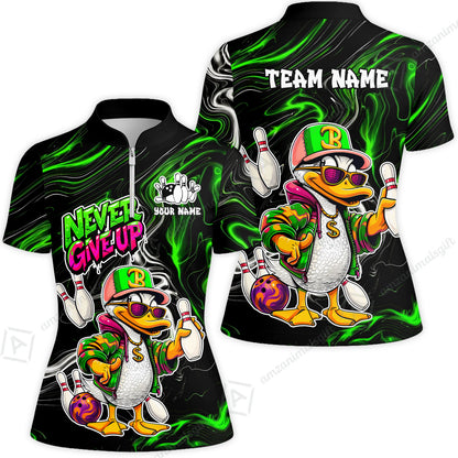 Custom Bowling Jersey Polo Shirt, Duck Never Give Up, Custom Bowling Jersey Team Shirt For Players With Name & Team Name