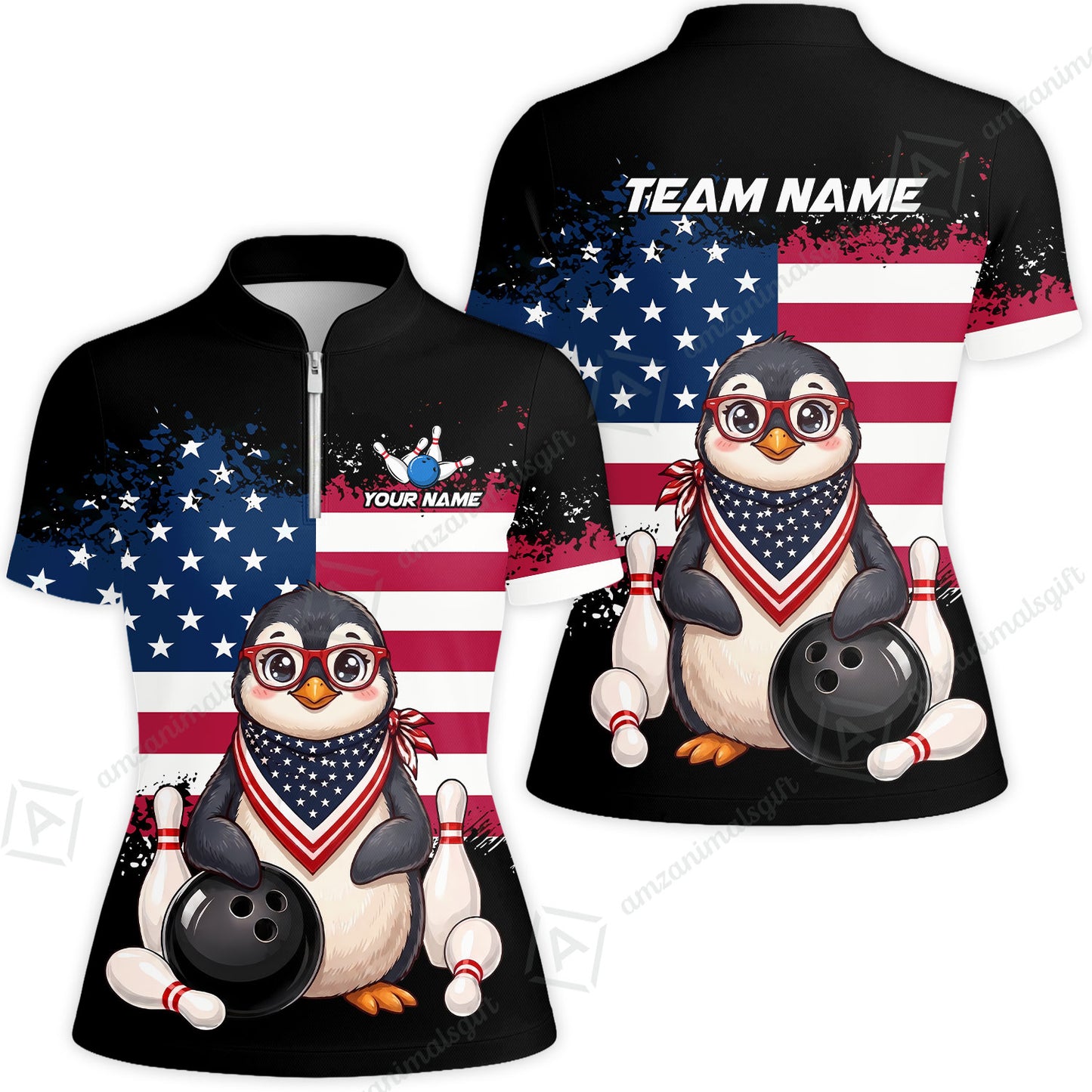 Custom Bowling Jersey Polo Shirt, Animal With Glasses And Bandana America Flag, Personalize Name & Team Name