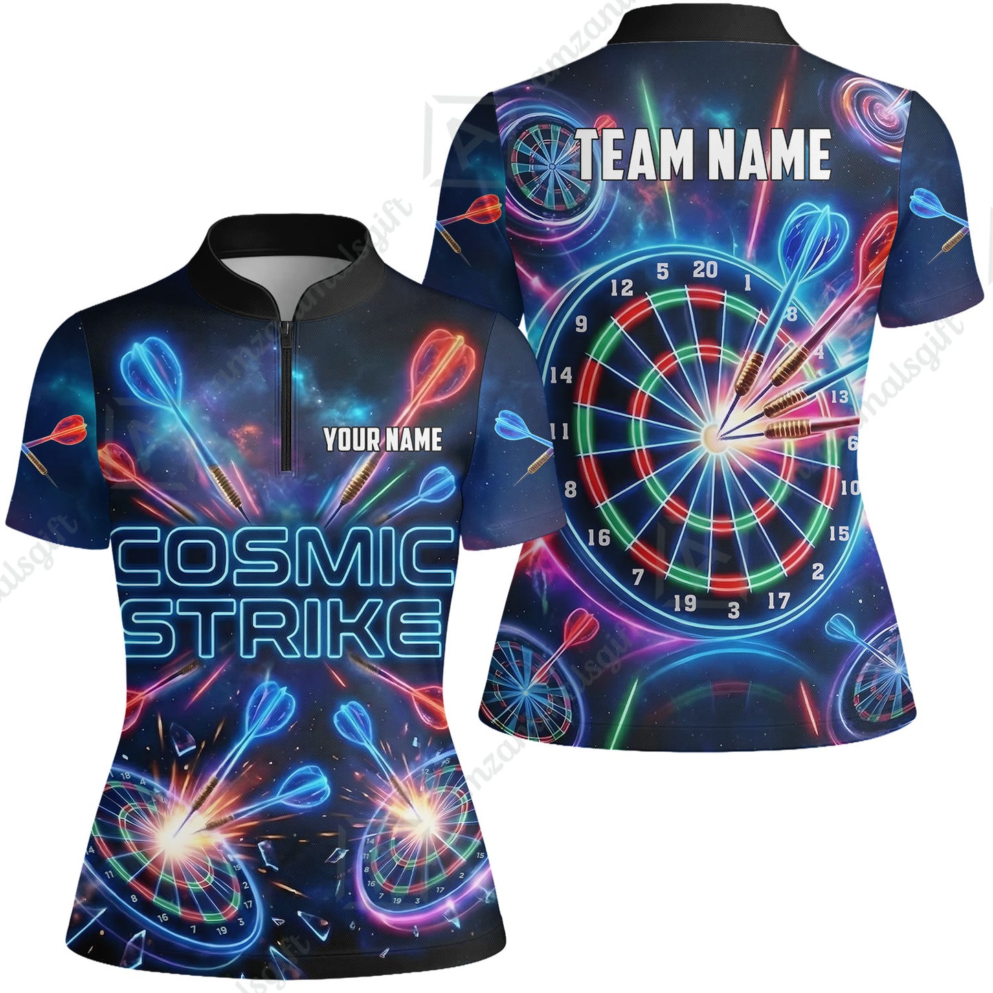 Custom Darts Team Jersey, Personalized Neon Galaxy Strike Darts Polo Shirt For Players With Name & Team Name