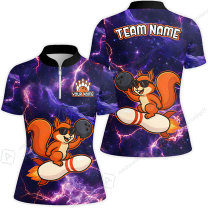 Funny Bowling Custom Polo T-Shirt - Fun Cartoon Purple Galaxy With Lightning Squirrel Wearing Sunglasses, Personalized Bowling Jersey Polo Shirts