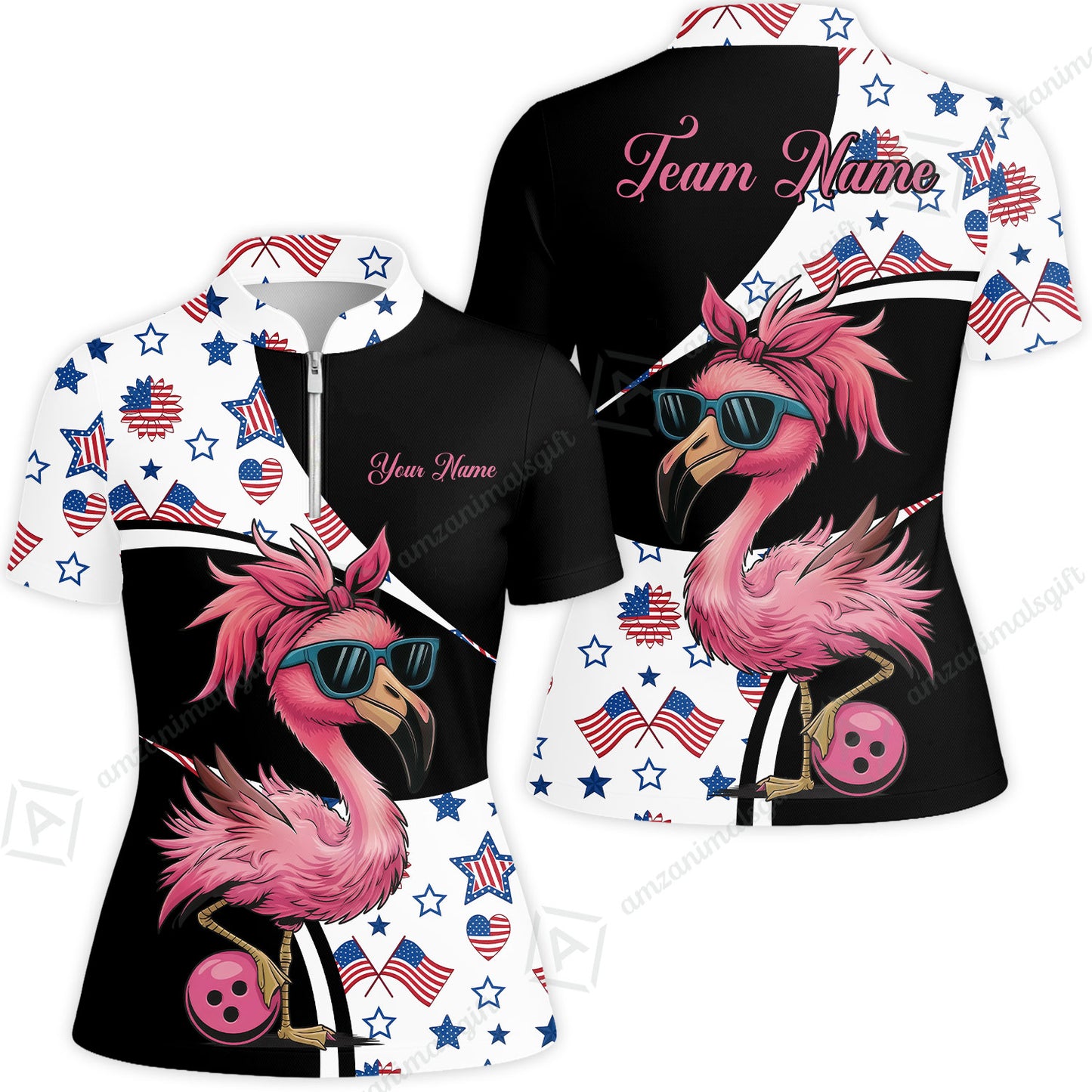 Custom Flamingo America Flag Bowling Jersey Polo Shirt, Custom Flamingo America Flag Bowling Jersey Team Shirt For Players With Name & Team Name