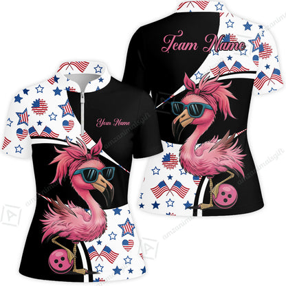 Custom Flamingo America Flag Bowling Jersey Polo Shirt, Custom Flamingo America Flag Bowling Jersey Team Shirt For Players With Name & Team Name