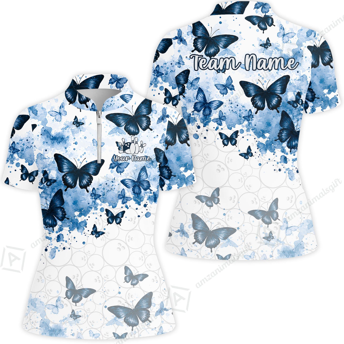Custom Bowling Jersey Polo Shirt, Blue Watercolor Butterfly Bloom, Custom Bowling Jersey Team Shirt For Players With Name and Team Name