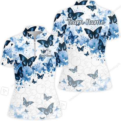 Custom Bowling Jersey Polo Shirt, Blue Watercolor Butterfly Bloom, Custom Bowling Jersey Team Shirt For Players With Name and Team Name