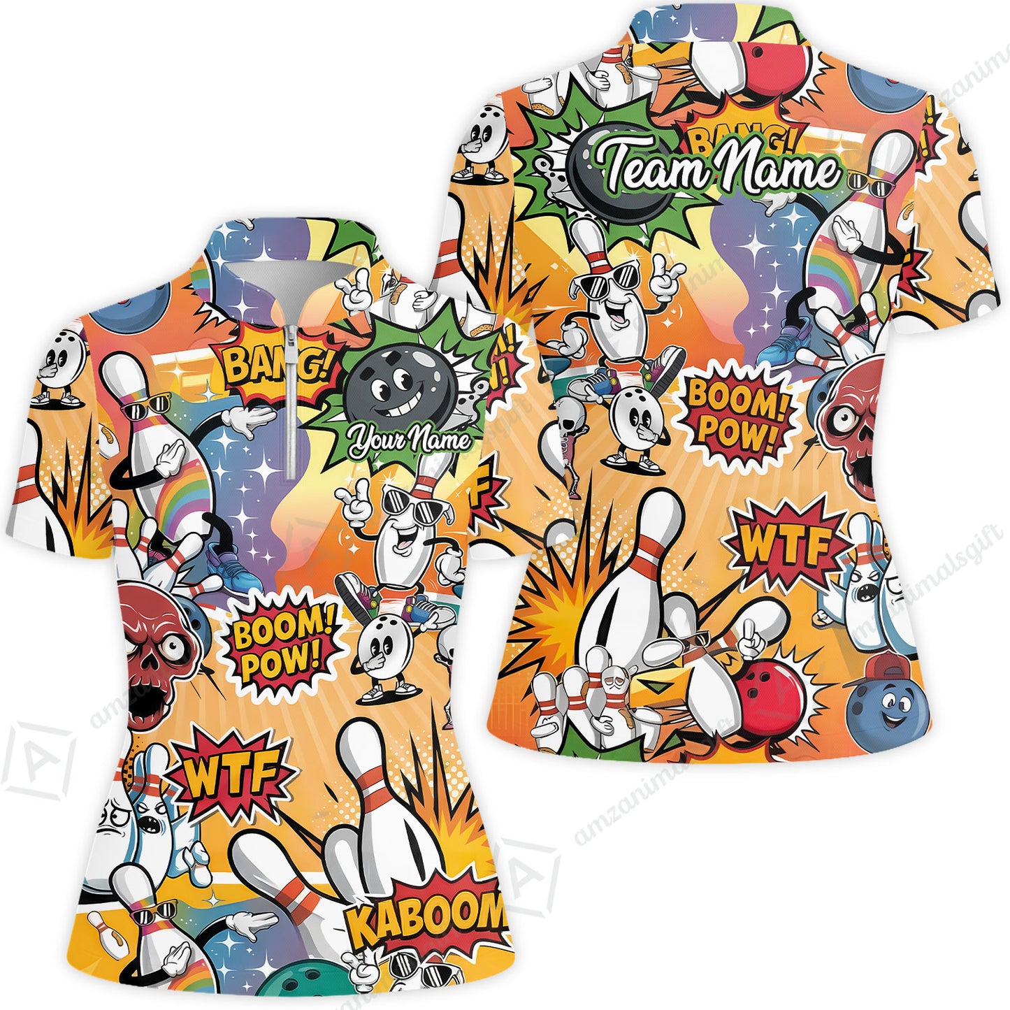 Custom Bowling Jersey Polo Shirt, Pop Art Bowling Blast Custom Bowling Jersey Team Shirt For Players With Name & Team Name