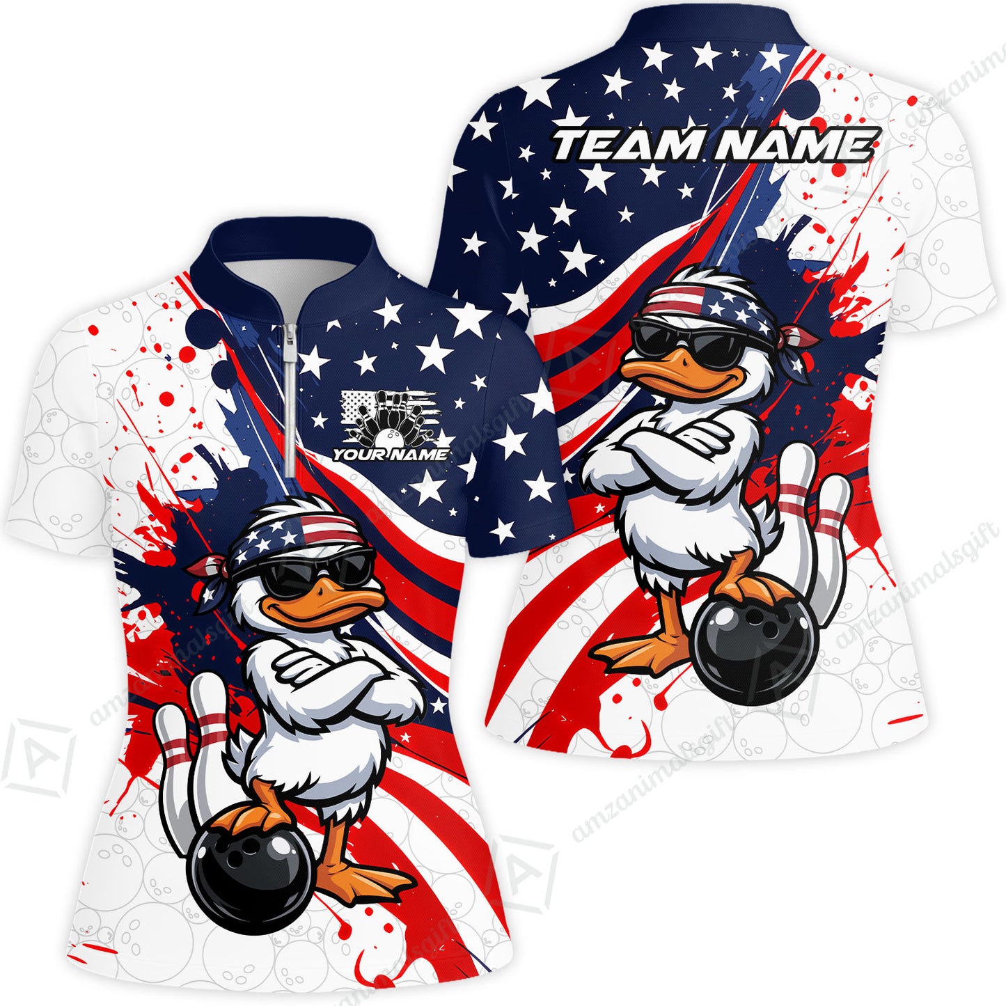 Custom Bowling Jersey Polo Shirt, Patriotic Cool Duckling Mascot, Custom Bowling Jersey Team Shirt For Players With Name and Team Name