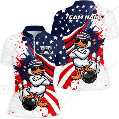Custom Bowling Jersey Polo Shirt, Patriotic Cool Duckling Mascot, Custom Bowling Jersey Team Shirt For Players With Name and Team Name