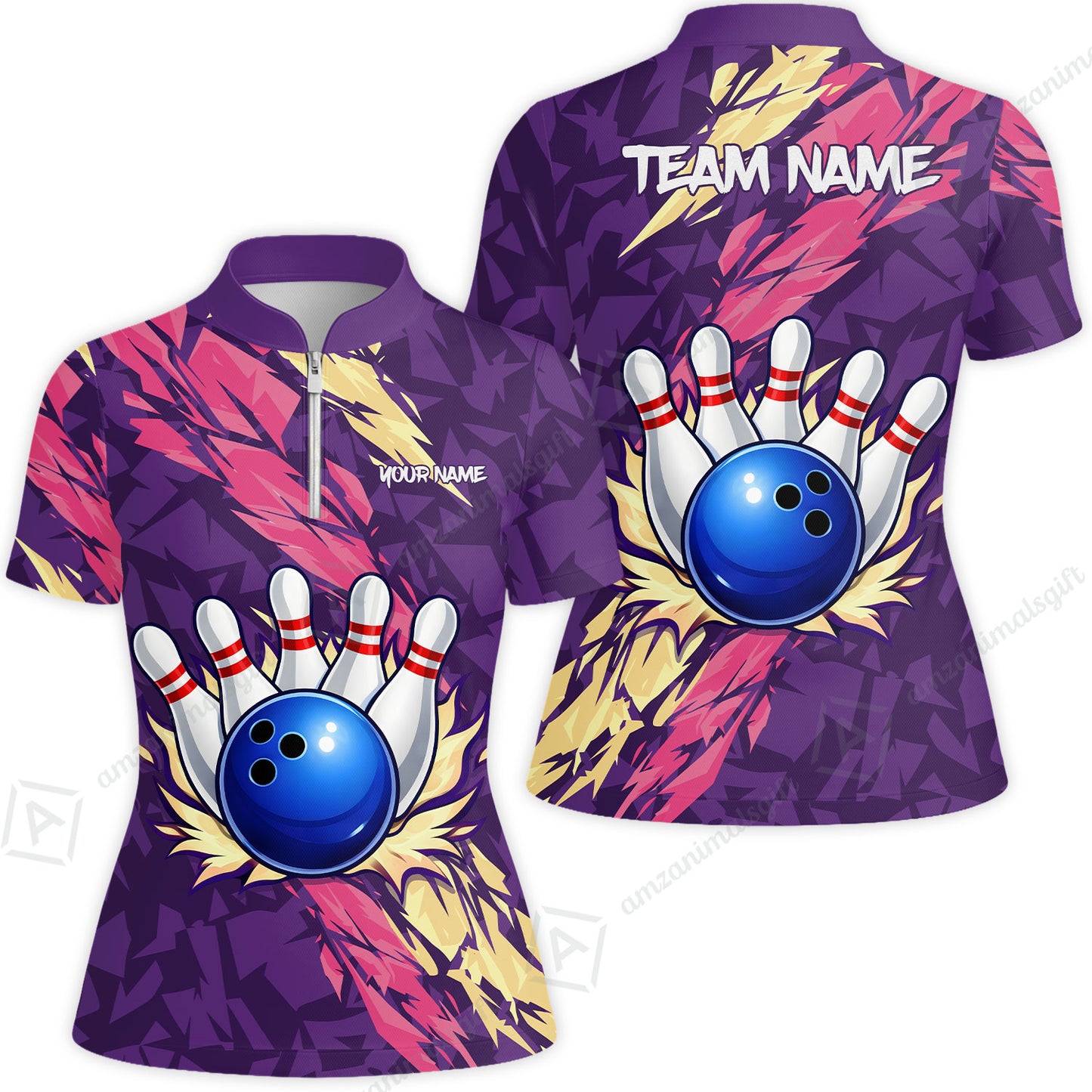 Custom Bowling Team Unisex Polo Shirt, Ion Max Bowling Ball Purple Fire Strike Design for Bowlers