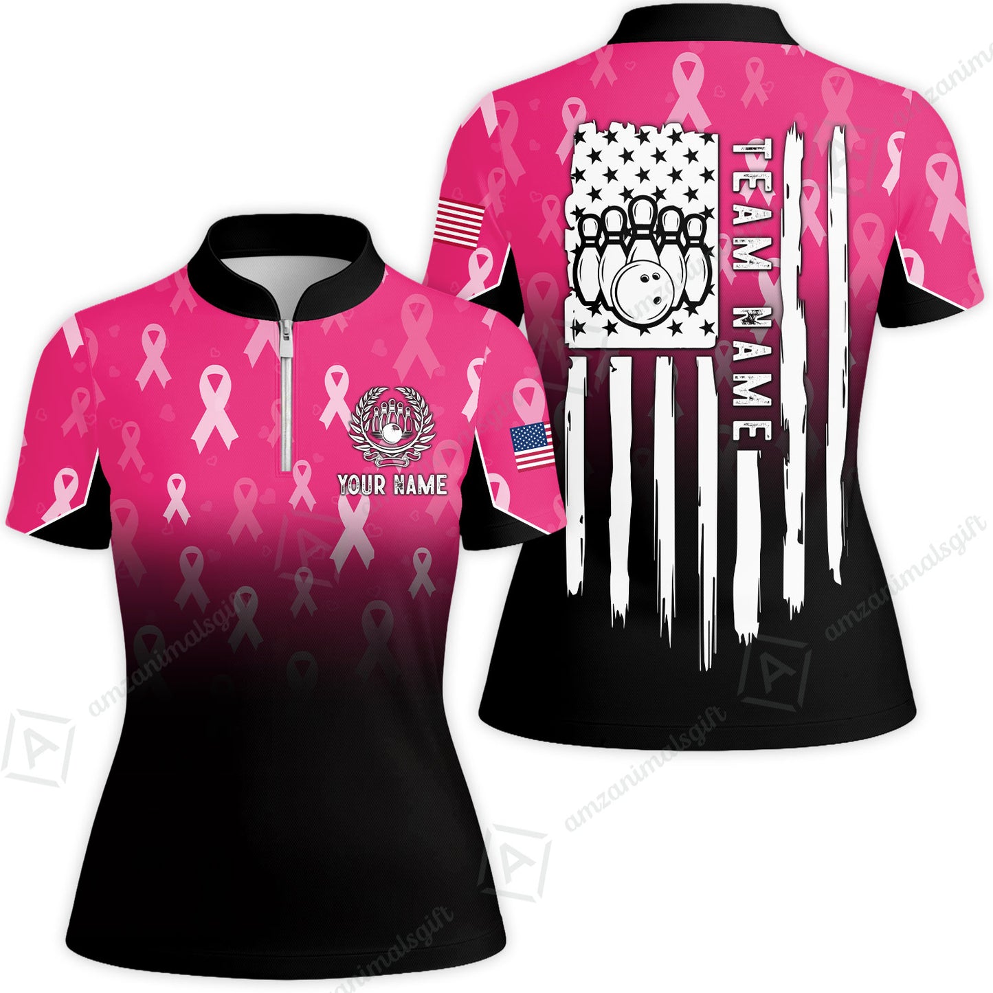 Custom Bowling Jersey Polo Shirt, Ribbon Breast Cancer Awareness Flag, Custom Bowling Jersey Team Shirt For Players With Name and Team Name