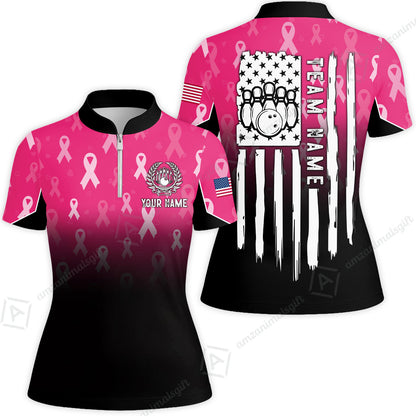 Custom Bowling Jersey Polo Shirt, Ribbon Breast Cancer Awareness Flag, Custom Bowling Jersey Team Shirt For Players With Name and Team Name