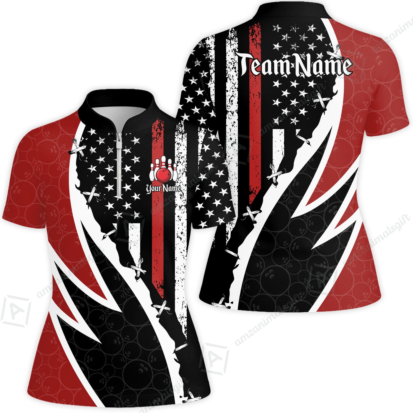 Custom Bowling Jersey Polo Shirt, Thin Red Line With Vintage Distressed American Flag, Personalize Name and Team Name