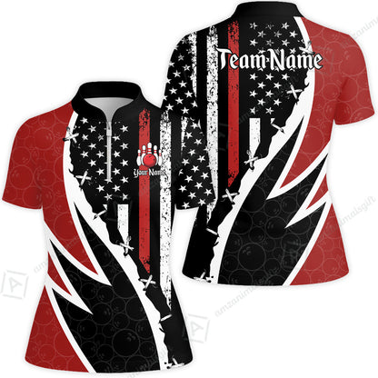 Custom Bowling Jersey Polo Shirt, Thin Red Line With Vintage Distressed American Flag, Personalize Name and Team Name