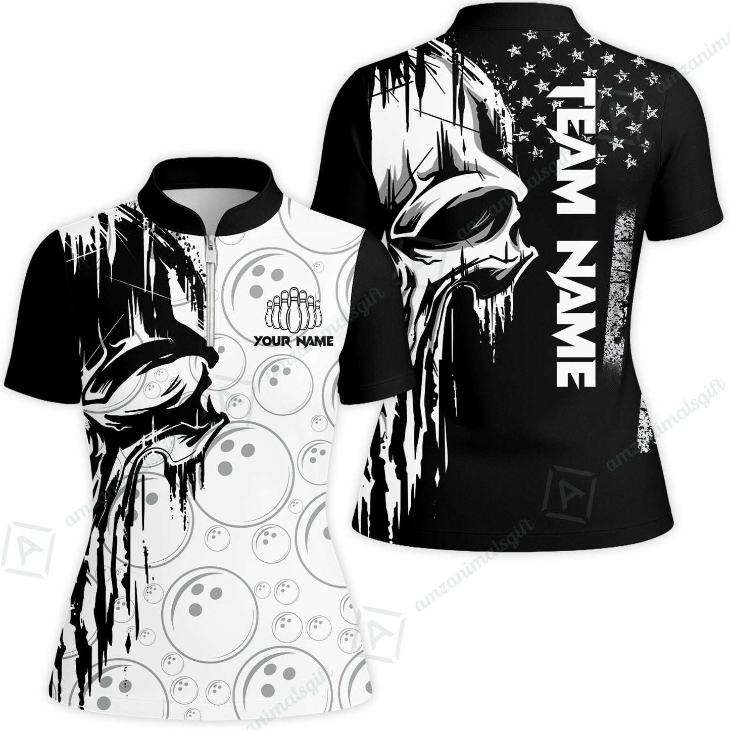 Customized Bowling Unisex Polo Shirt, American Flag Dripping Skull, Bowling Uniform - Personalized Name And Team Name