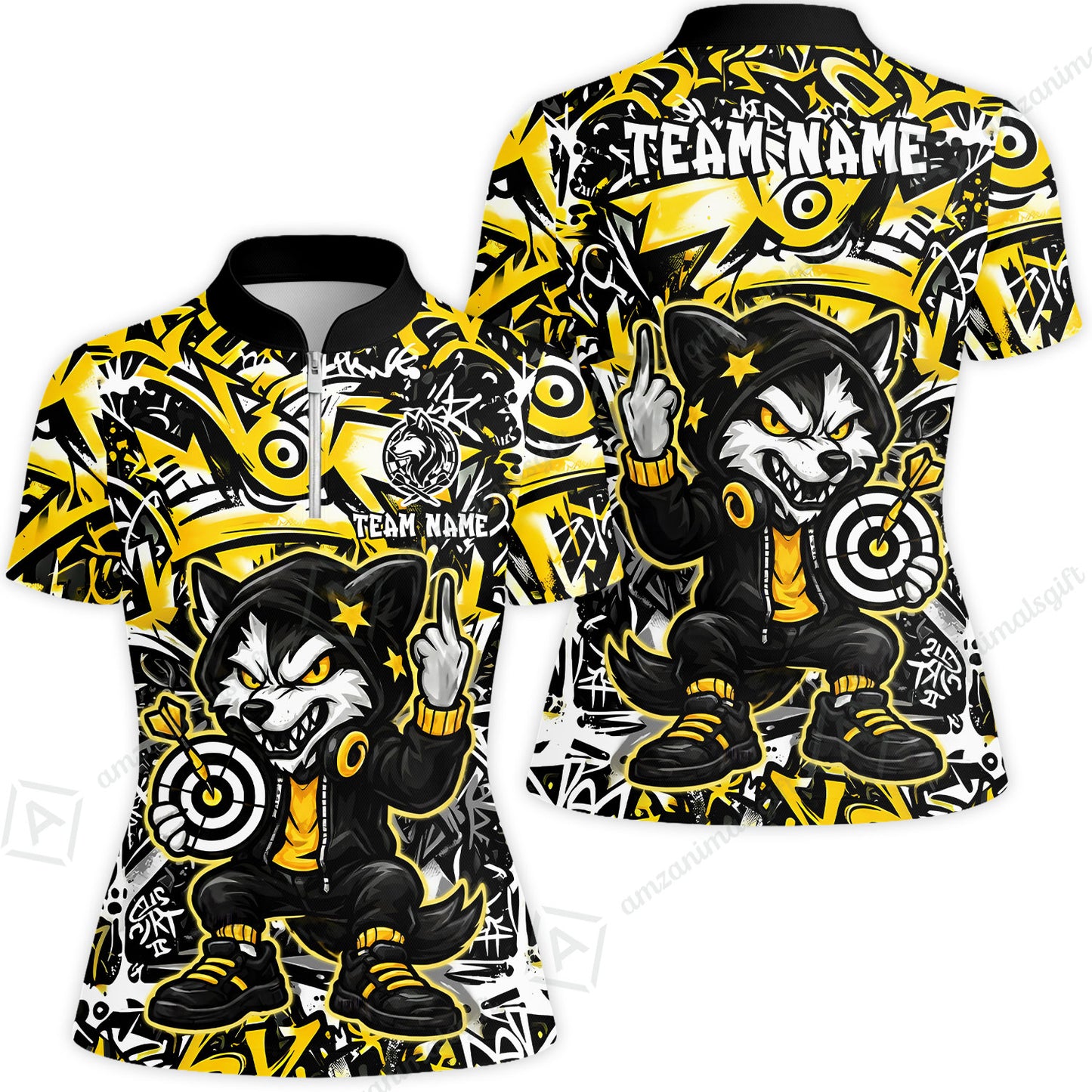 Customized Darts Team Uniform Shirt, Cool Cartoon Wolf With Dartboard, Personalized Name And Team Name
