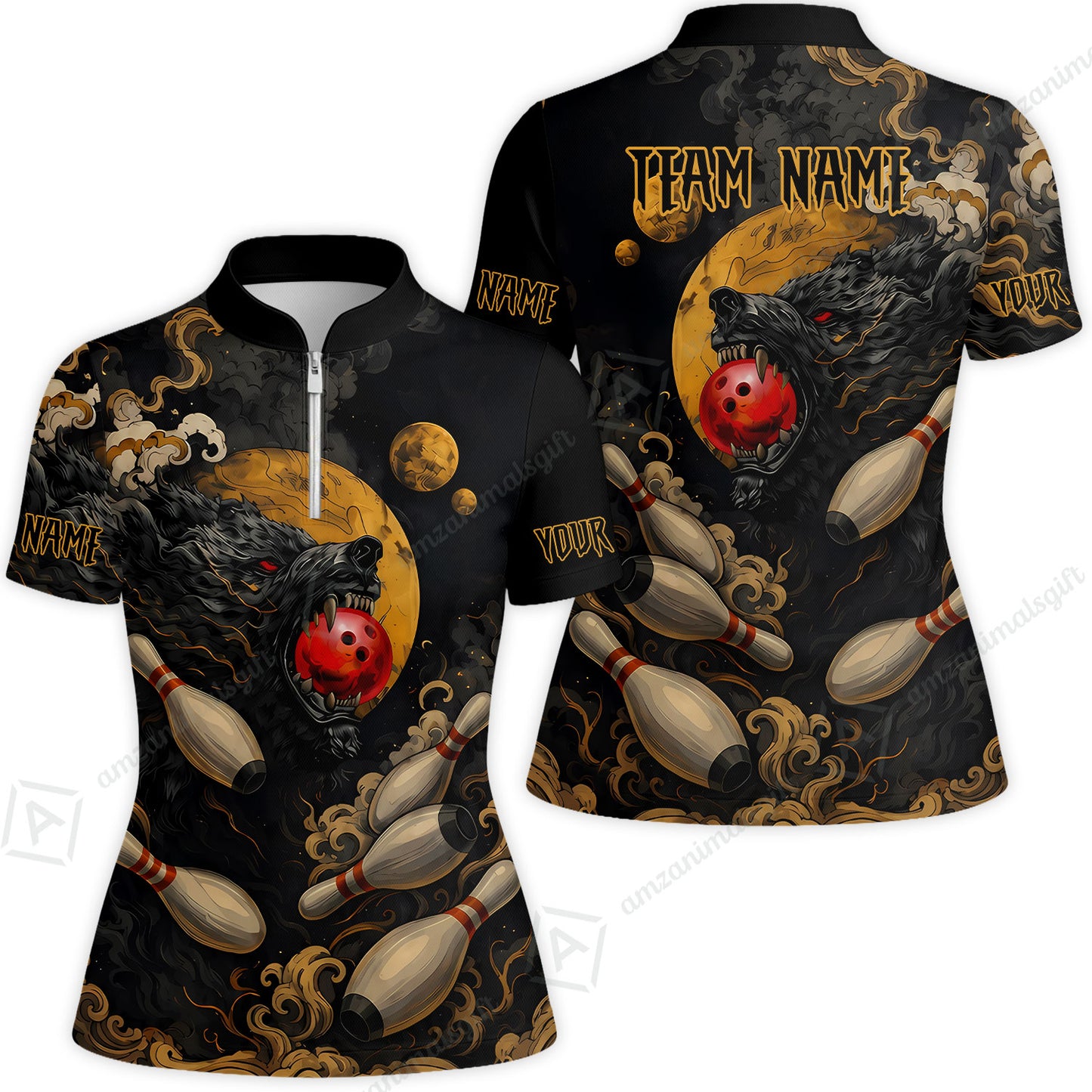Custom Bowling Jersey Polo Shirt, Bowling And Pin Wolf Moon Smoke Japan Style, Personalize Name and Team Name
