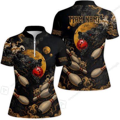 Custom Bowling Jersey Polo Shirt, Bowling And Pin Wolf Moon Smoke Japan Style, Personalize Name and Team Name