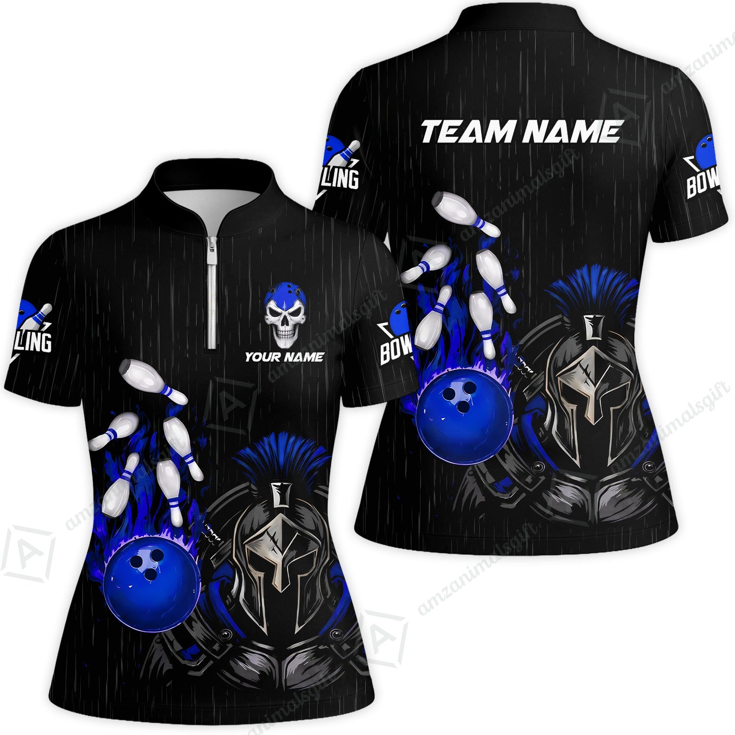 Custom Bowling Jersey Polo Shirt, Fire Bowling Knight Rain Skull Logo, Personalize Name & Team Name