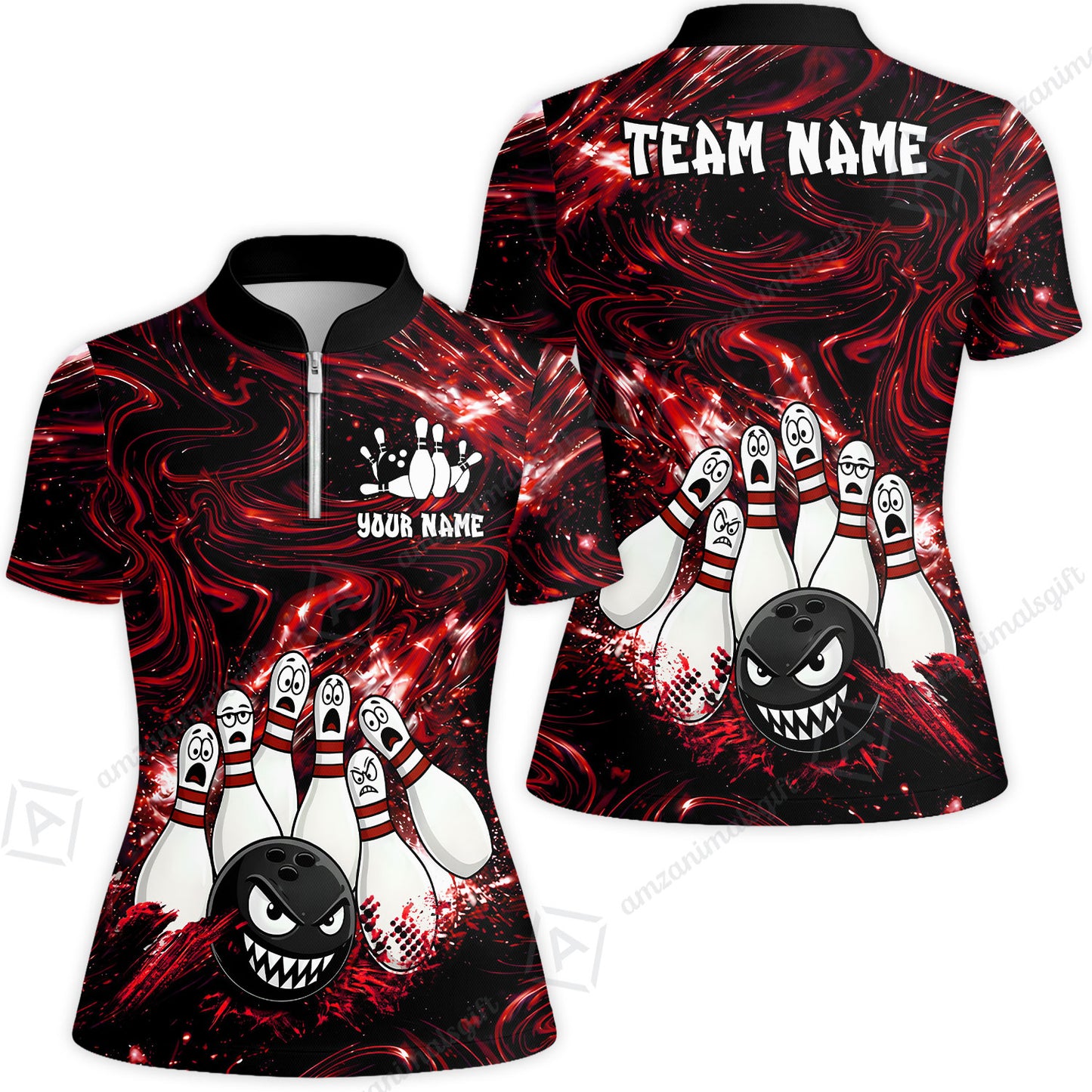 Customized Bowling Unisex Polo Shirt, Bowling Angry Ball VS Screaming Pins, Personalized Name And Team Name