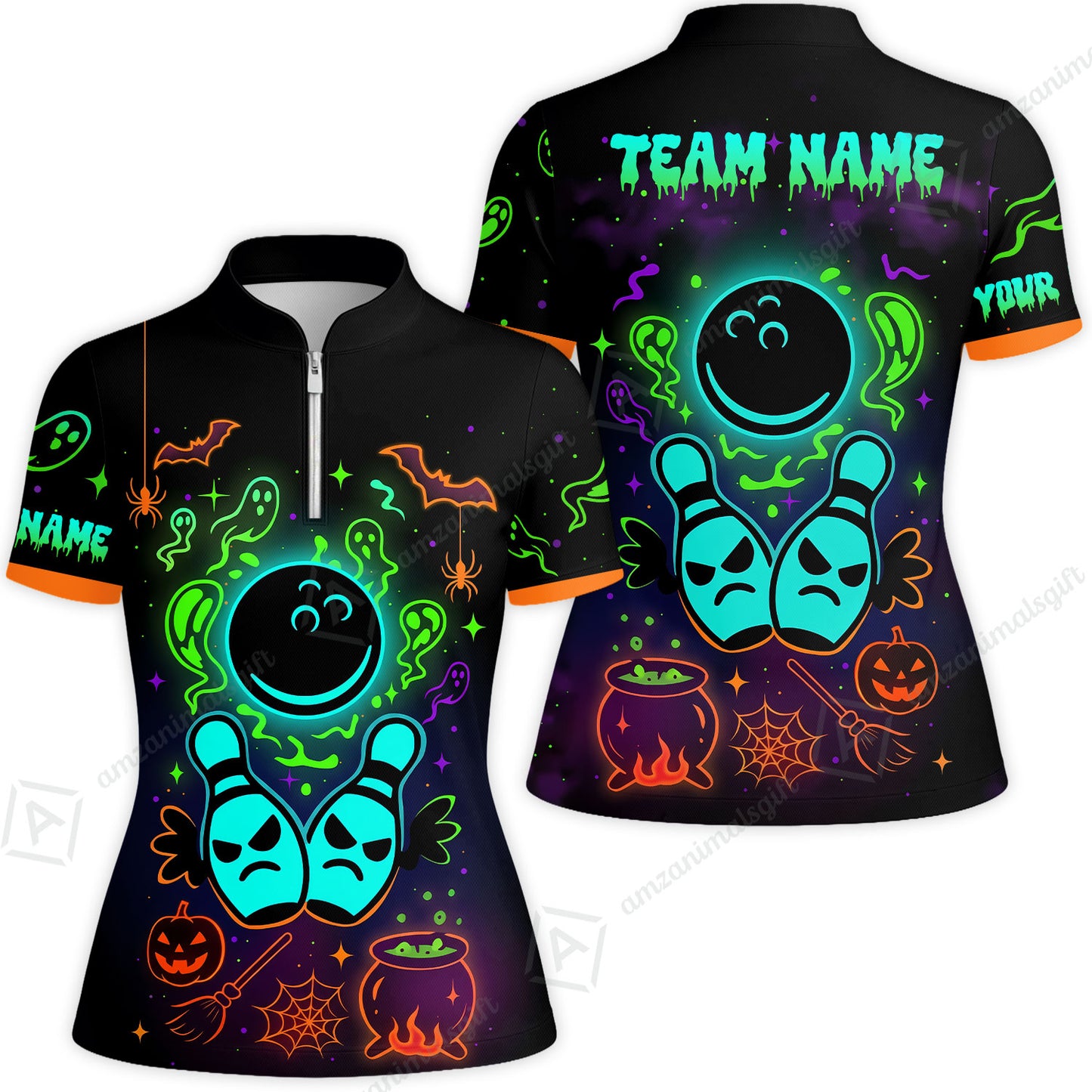 Customized Bowling Shirt, Halloween Neon Bowling, Personalized Polo Shirt For Players With Name & Team Name