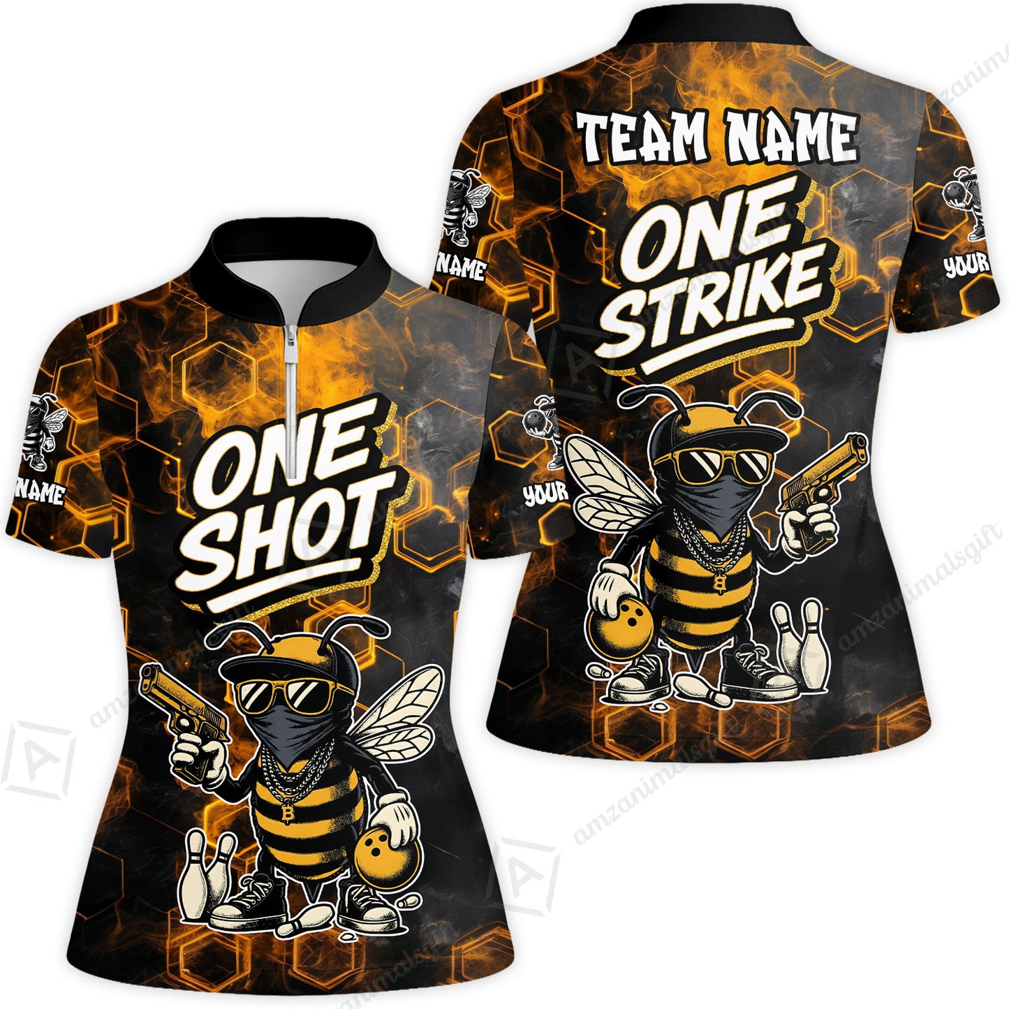Customized Bowling Unisex Polo Shirt, One Shot HipHop Bee Bowling, Bowling Uniform - Personalized Name And Team Name