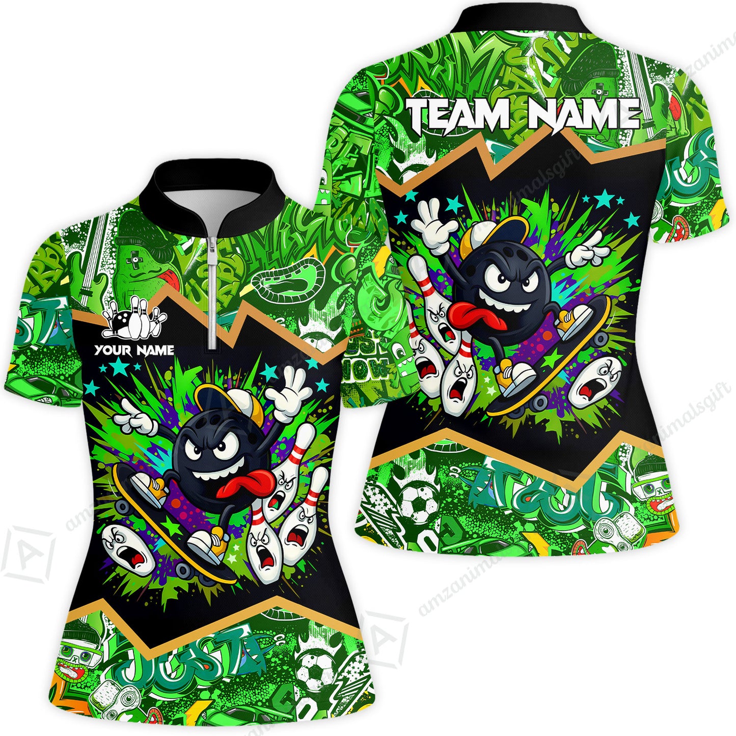 Customized Bowling Unisex Polo Shirt, Skater Bowling Ball Attack, Bowling Uniform, Personalized Name And Team Name