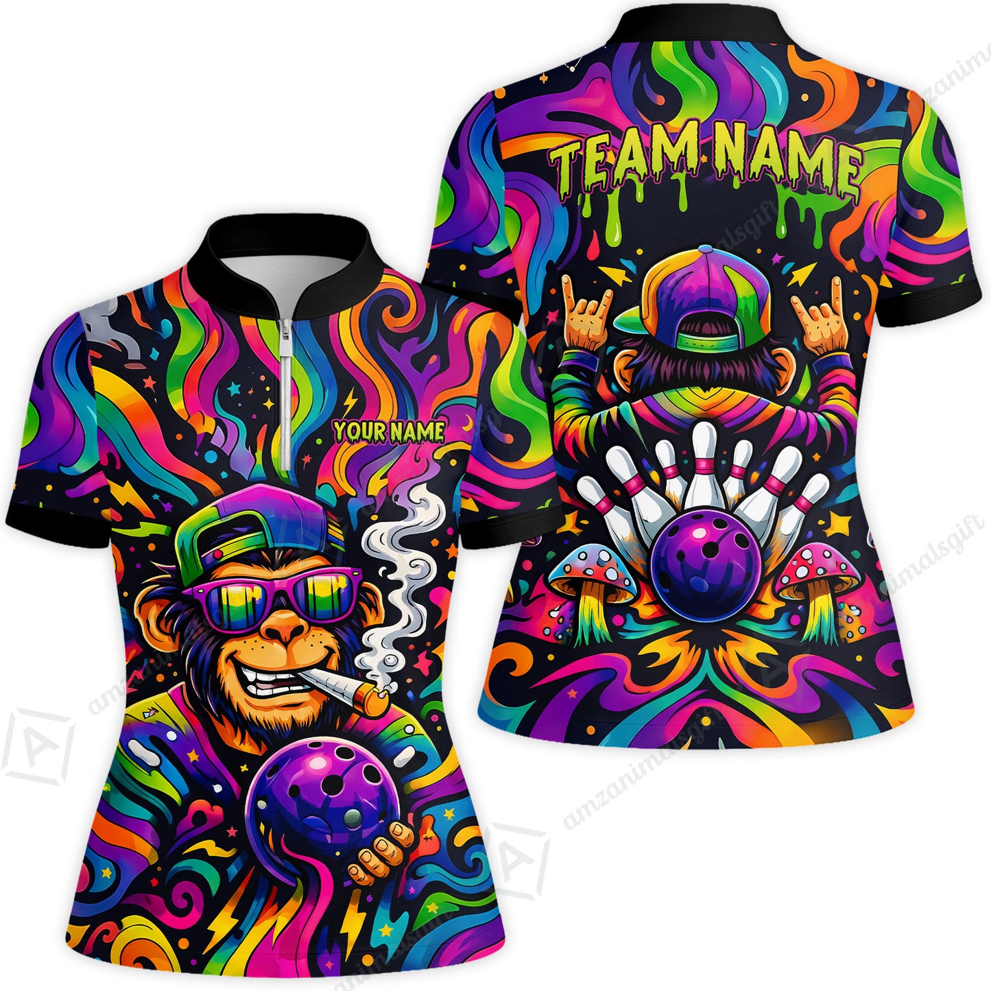 Custom Bowling Jersey Polo Shirt, Psychedelic Trippy Smoking Chimp, Custom Bowling Jersey Team Shirt For Players With Name and Team Name