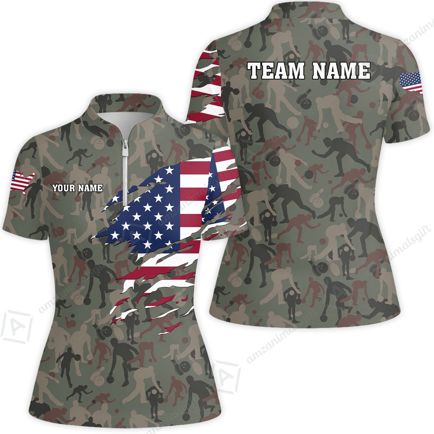 Custom Bowling Jersey Polo Shirt, American Flag Woodland Green Camouflage, Custom Bowling Jersey Team Shirt For Players With Name and Team Name