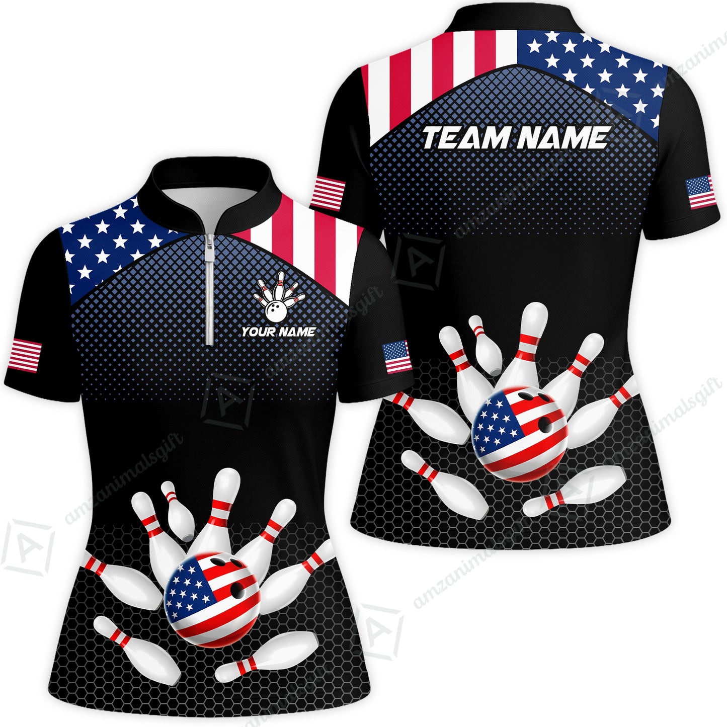 Custom Bowling Jersey Polo Shirt, Patriotic USA Flag Stars Stripes Tech Hexagon Pattern, Custom Bowling Jersey Team Shirt For Players With Name & Team Name