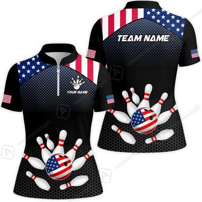 Custom Bowling Jersey Polo Shirt, Patriotic USA Flag Stars Stripes Tech Hexagon Pattern, Custom Bowling Jersey Team Shirt For Players With Name & Team Name