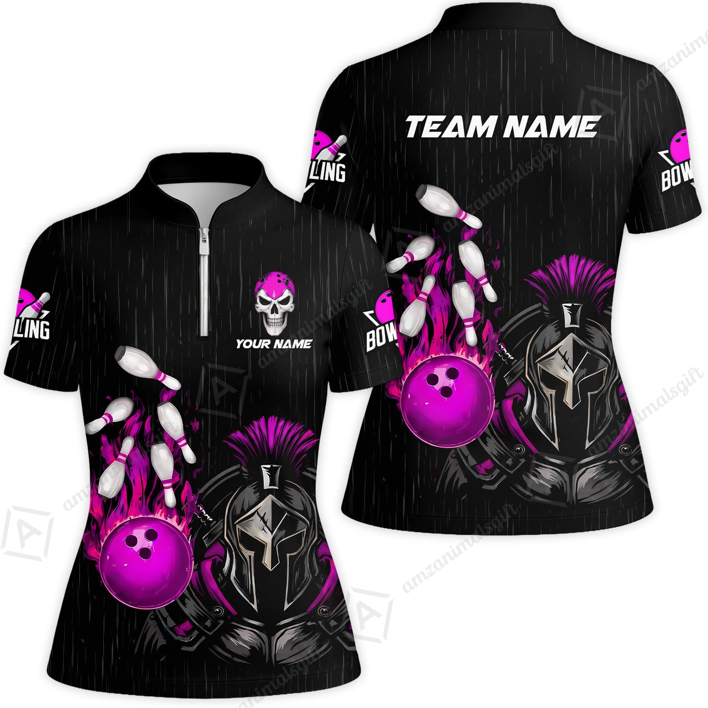 Custom Bowling Jersey Polo Shirt, Fire Bowling Knight Rain Skull Logo, Personalize Name & Team Name