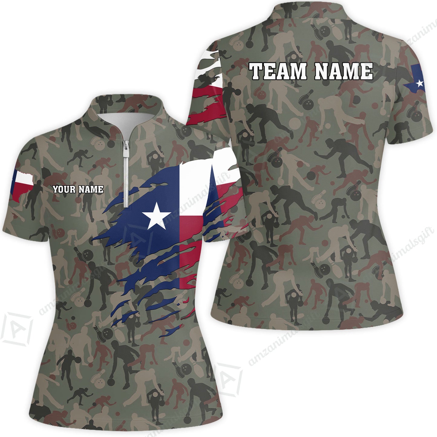 Custom Bowling Jersey Polo Shirt, Texas Flag Woodland Green Camouflage, Custom Bowling Jersey Team Shirt For Players With Name and Team Name