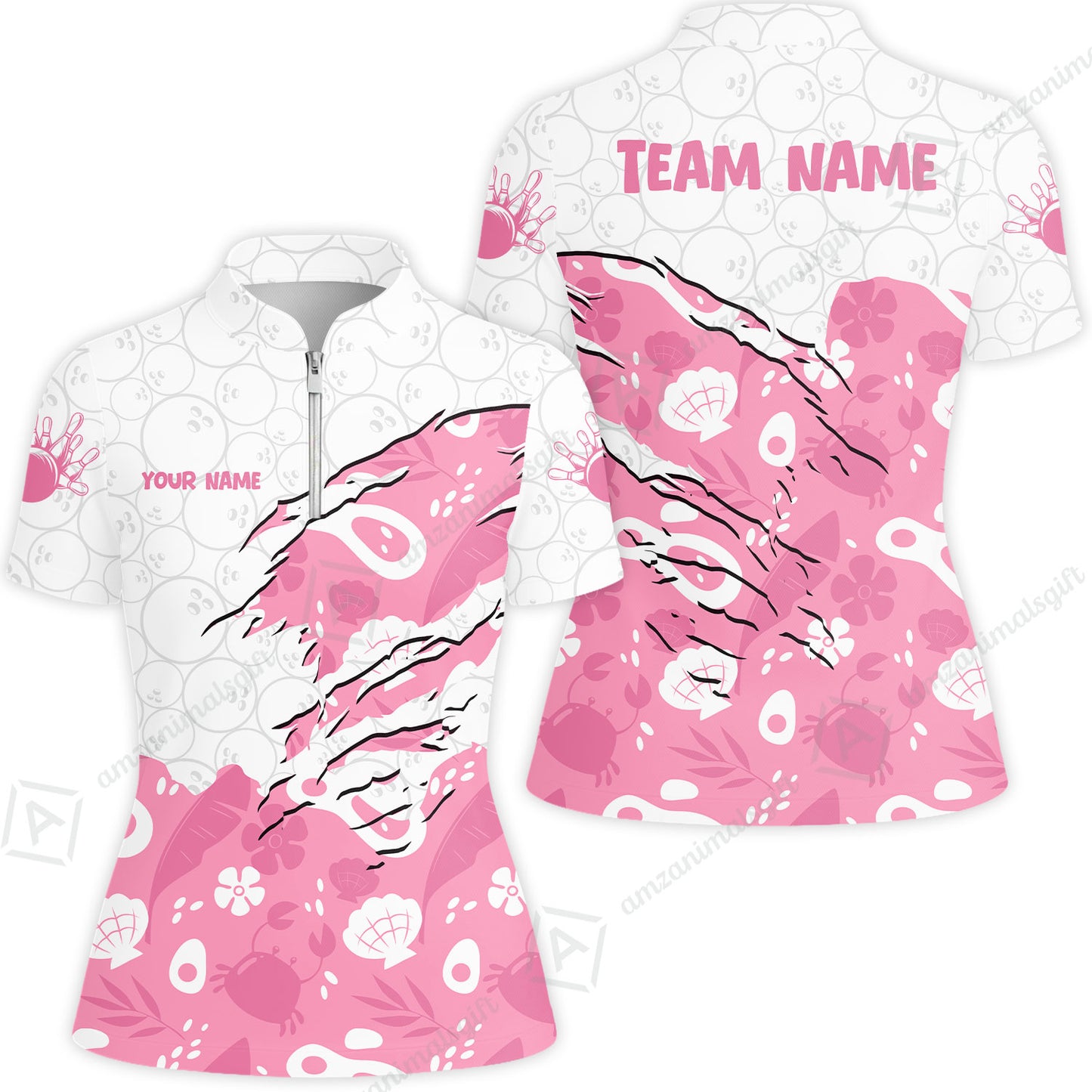 Custom Bowling Jersey Polo Shirt, Pattern Crab Half Crenate Ark Flower Glass, Personalize Name and Team Name