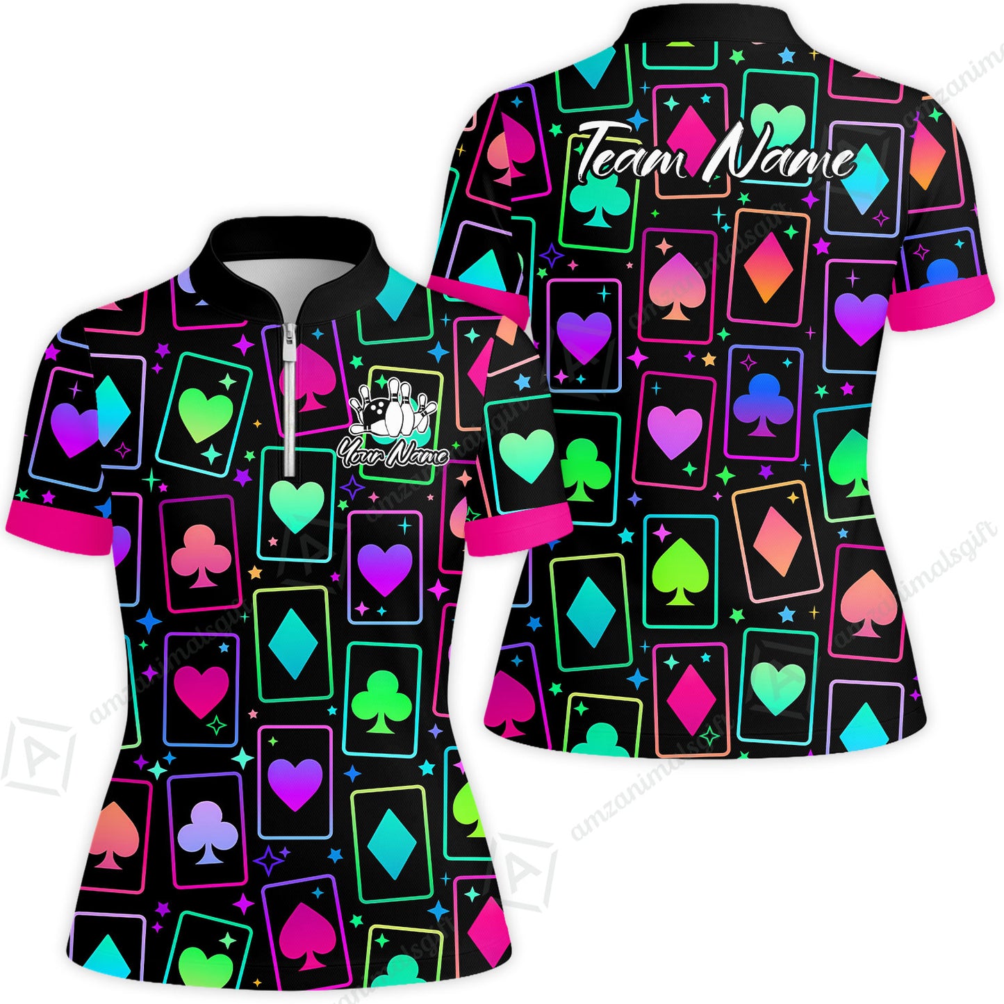 Custom Bowling Jersey Polo Shirt, Cards Neon Bowling, Custom Bowling Jersey Team Shirt For Players With Name and Team Name