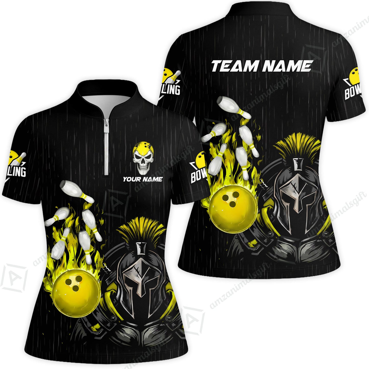 Custom Bowling Jersey Polo Shirt, Fire Bowling Knight Rain Skull Logo, Personalize Name & Team Name