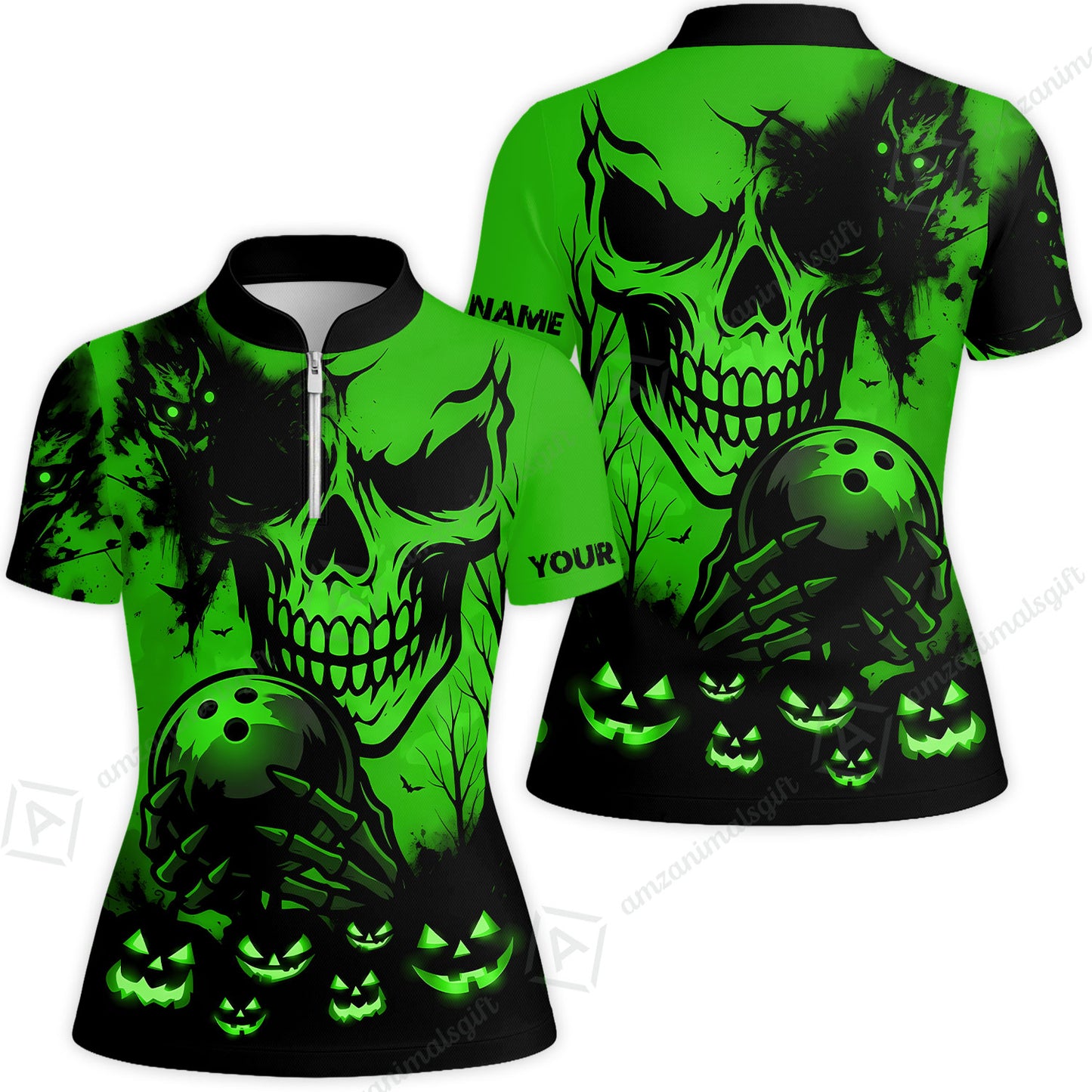 Custom Bowling Jersey Polo Shirt, Pumpkins Skull Halloween, Custom Bowling Jersey Team Shirt For Players With Name & Team Name