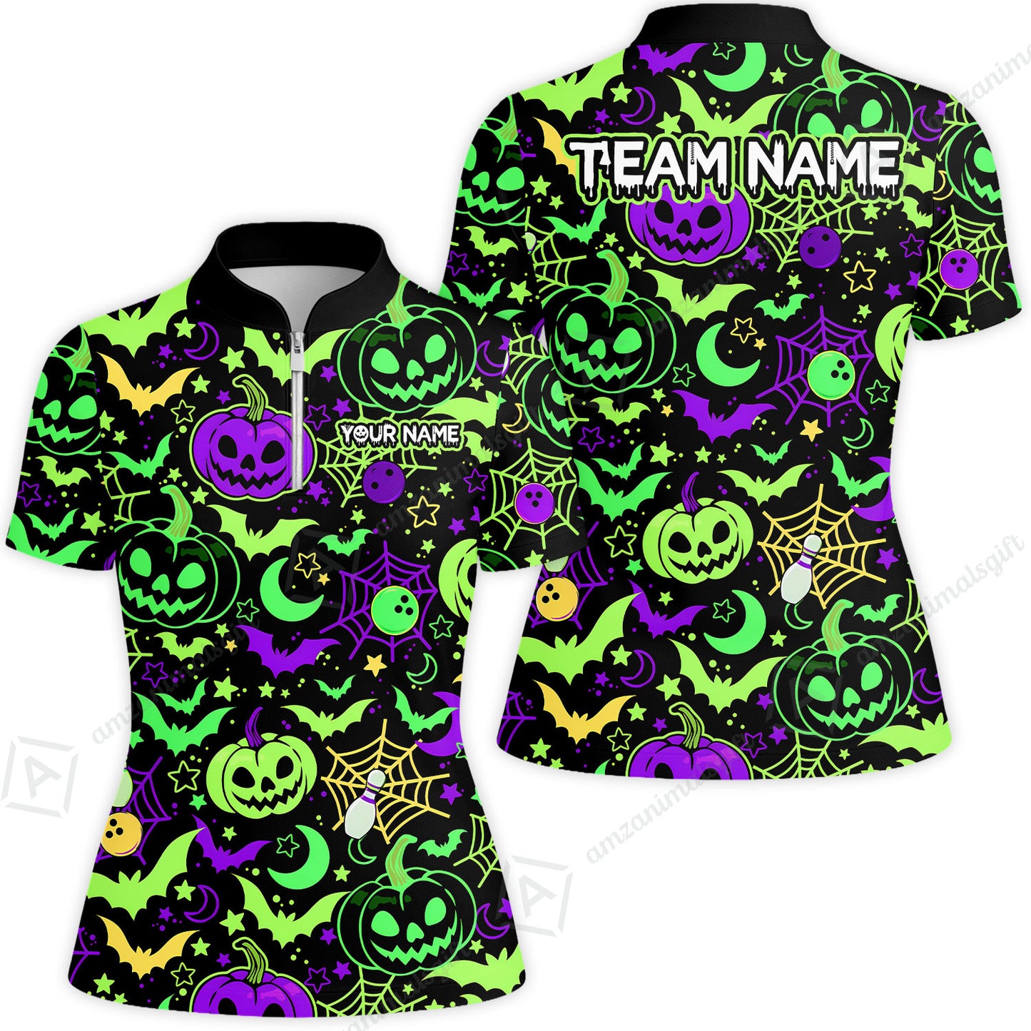 Customized Bowling Shirt, Neon Halloween Pattern Bowling And Pin Pumpkins Spider Bat, Personalized Polo Shirt For Players With Name & Team Name