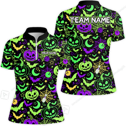 Customized Bowling Shirt, Neon Halloween Pattern Bowling And Pin Pumpkins Spider Bat, Personalized Polo Shirt For Players With Name & Team Name